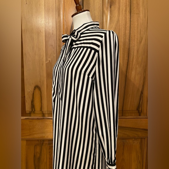 LOFT - Black & White Striped Long-SleeveShirt-Dress/Bow Tied at Neck - EUC - S - Picture 6 of 14